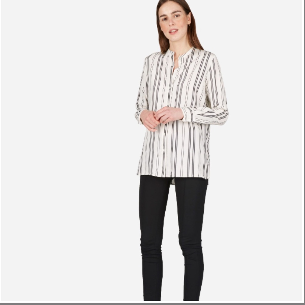 Everlane Relaxed 100% Silk Collarless Shirt Mixed Stripe Black White 00 NWOT